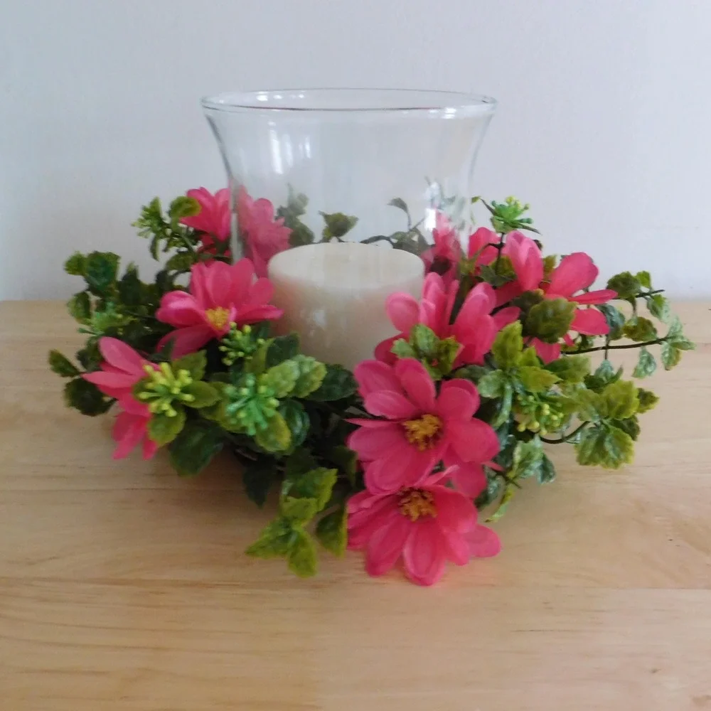 Pink and Yellow Daisy Candle Ring, Small Mini Wreath, Home Decor, Small SUmmer‎